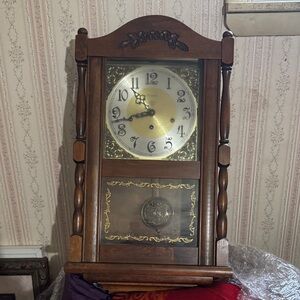 VINTAGE ANSONIA Wooden Wall Clock with Ornate Painted Glass Flower and Chimes